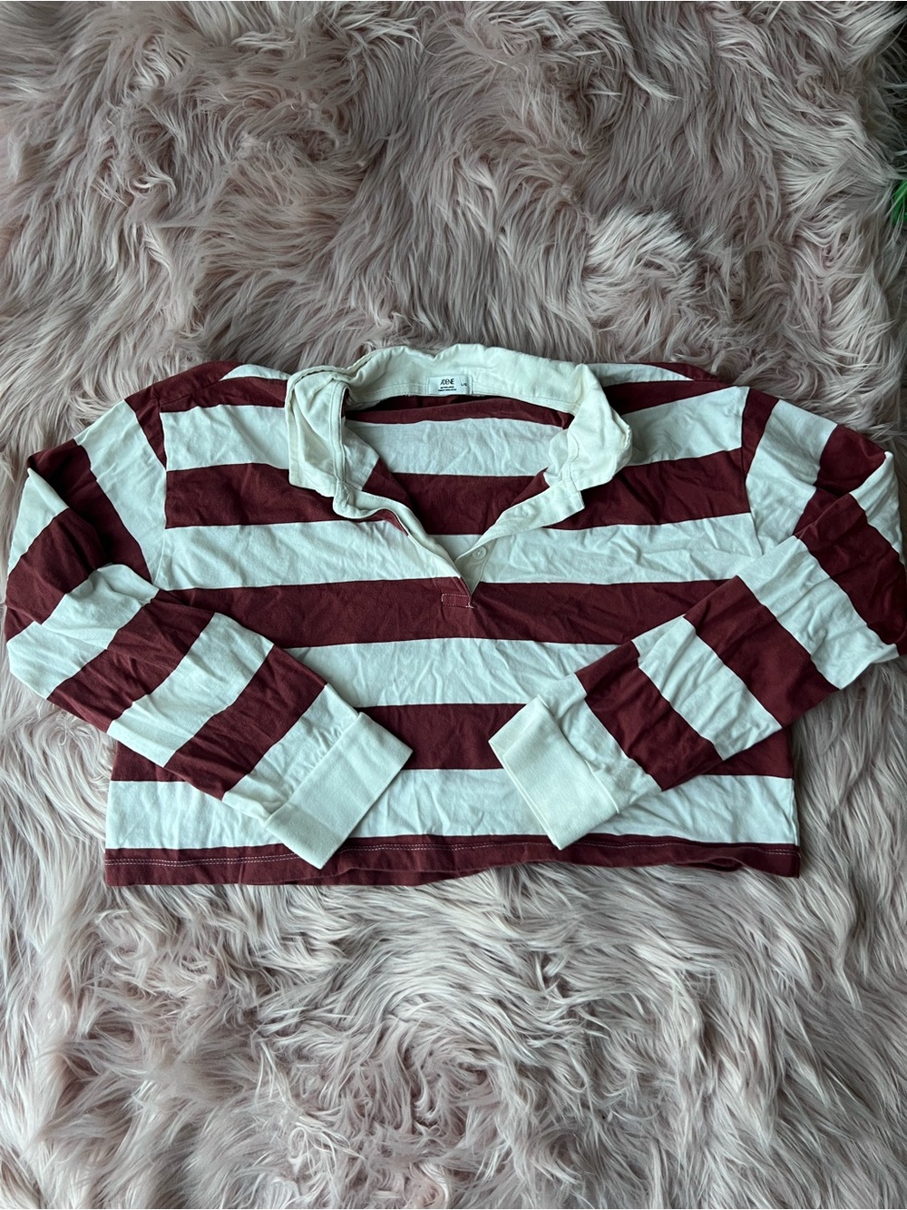 100% Cotton Ardene Maroon & White Striped Long Sleeve Rugby Top Large